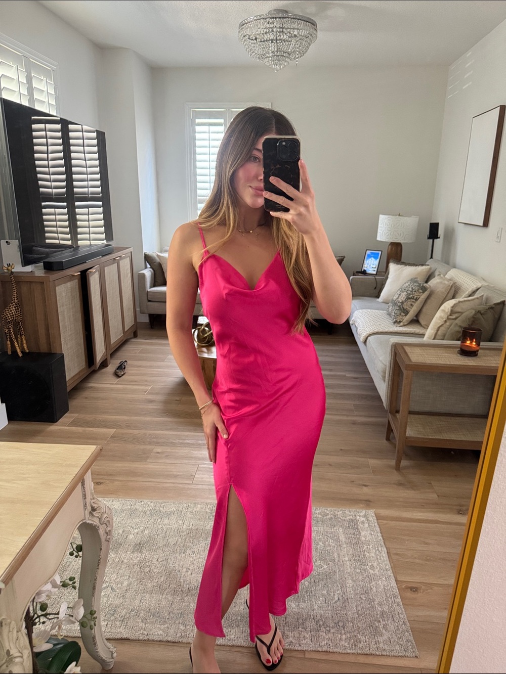 Hot Pink midi Satin Slip Dress with Side Slit